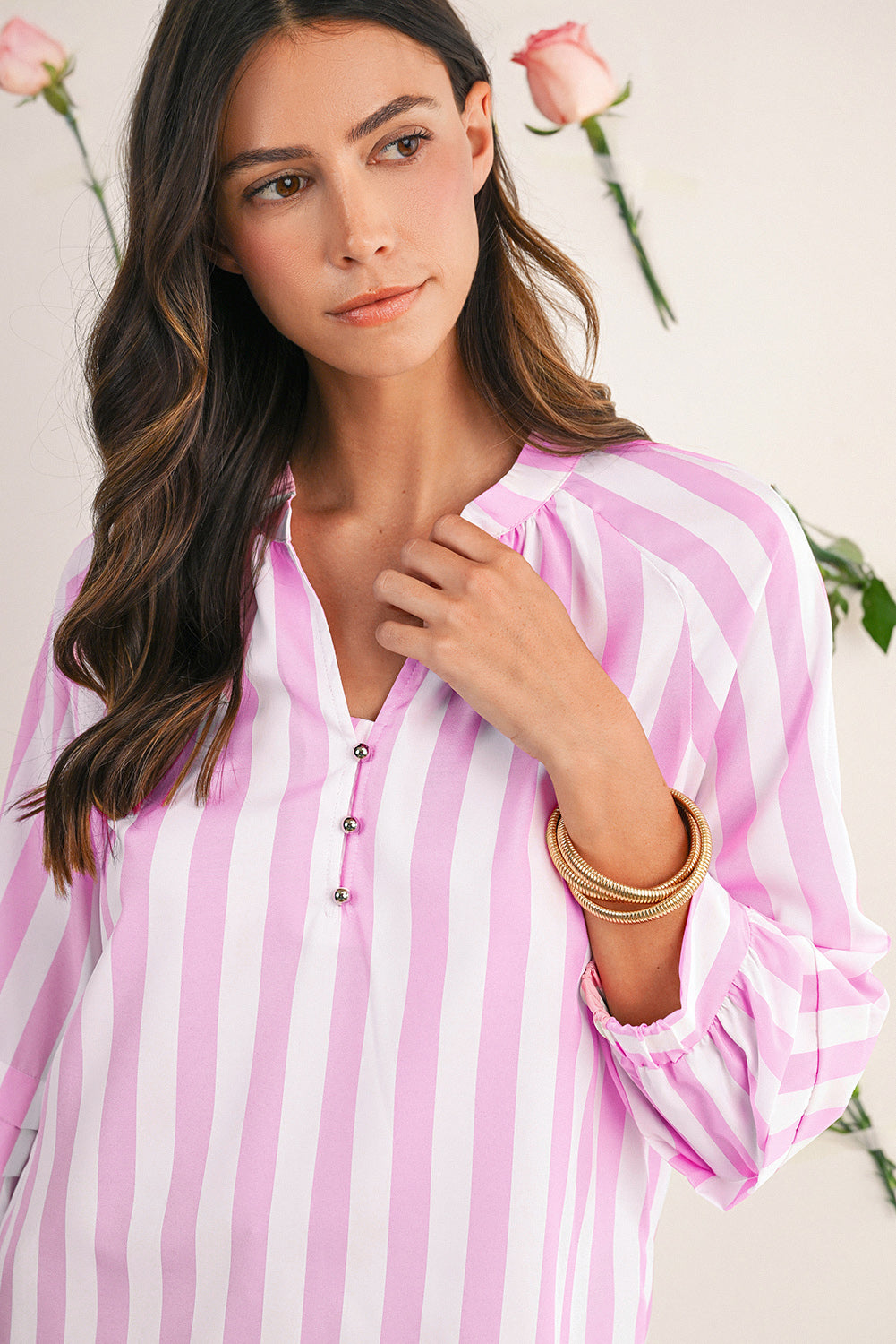 Rose Striped Button V Neck Raglan Sleeve Blouse 488f534dbf93e97e