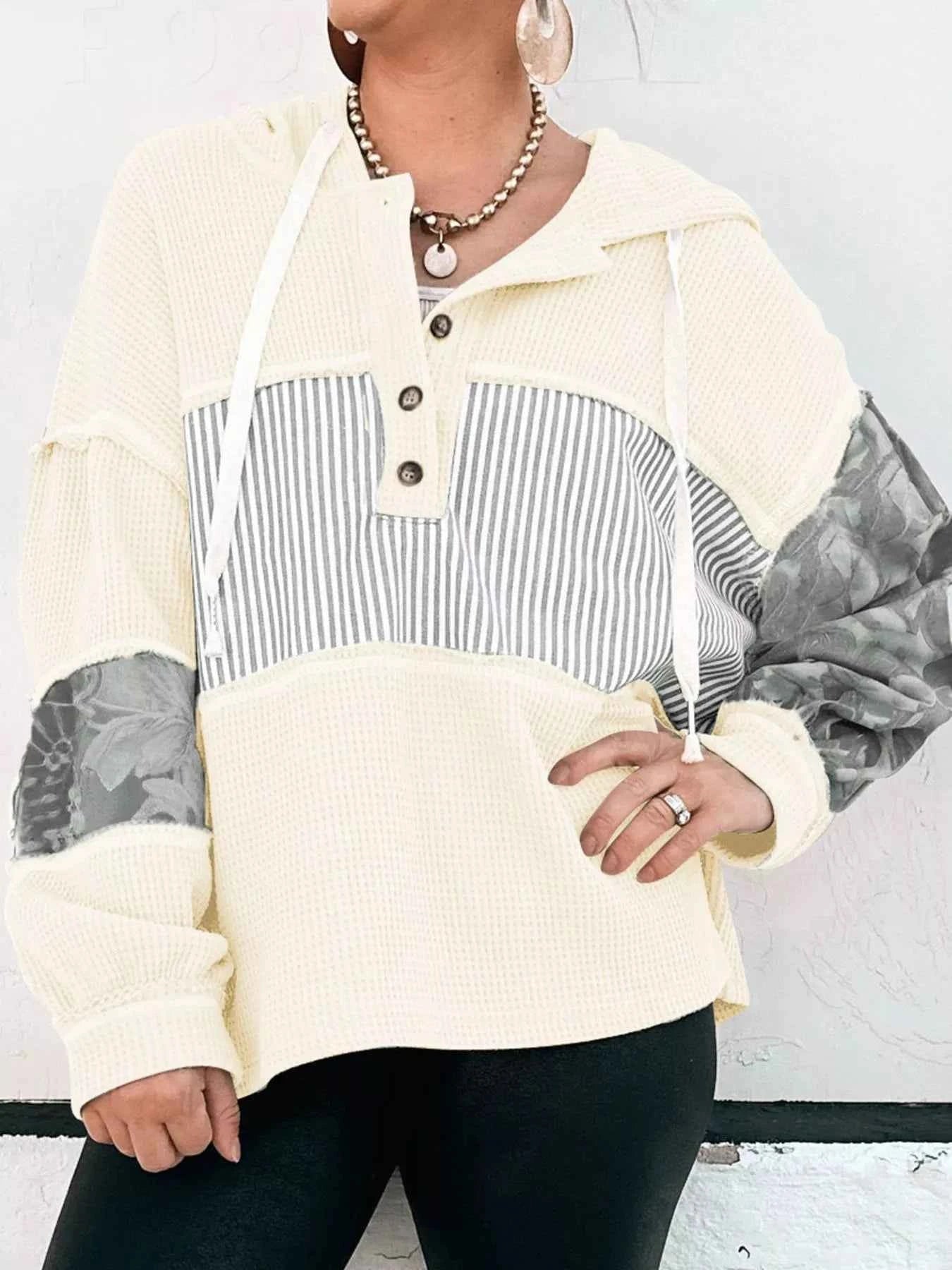 Waffle Knit Striped Drawstring Hoodie Cream 4890911f-e90f-44c9-af3f-1a1990bdb07b-Max-Origin