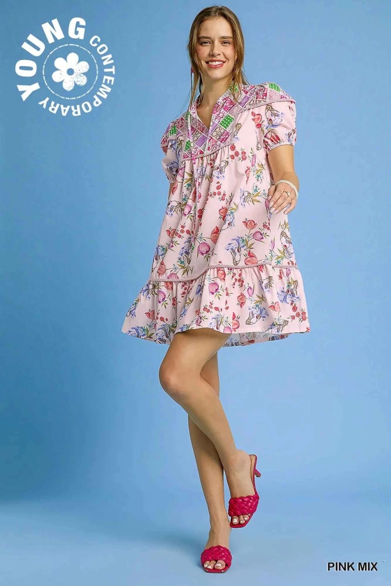 Umgee Floral Print Tie Neck Puff Sleeve Dress 48926742-4618-4727-9e41-dda45a146549-Max-Origin