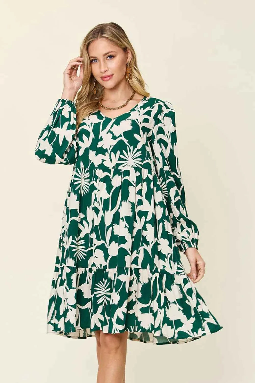 Double Take Full Size Printed Ruffle Hem Dress with Pocket Dark Green 4893a7f9-e718-4d6a-a7c0-25fd4ca19e3a-Max
