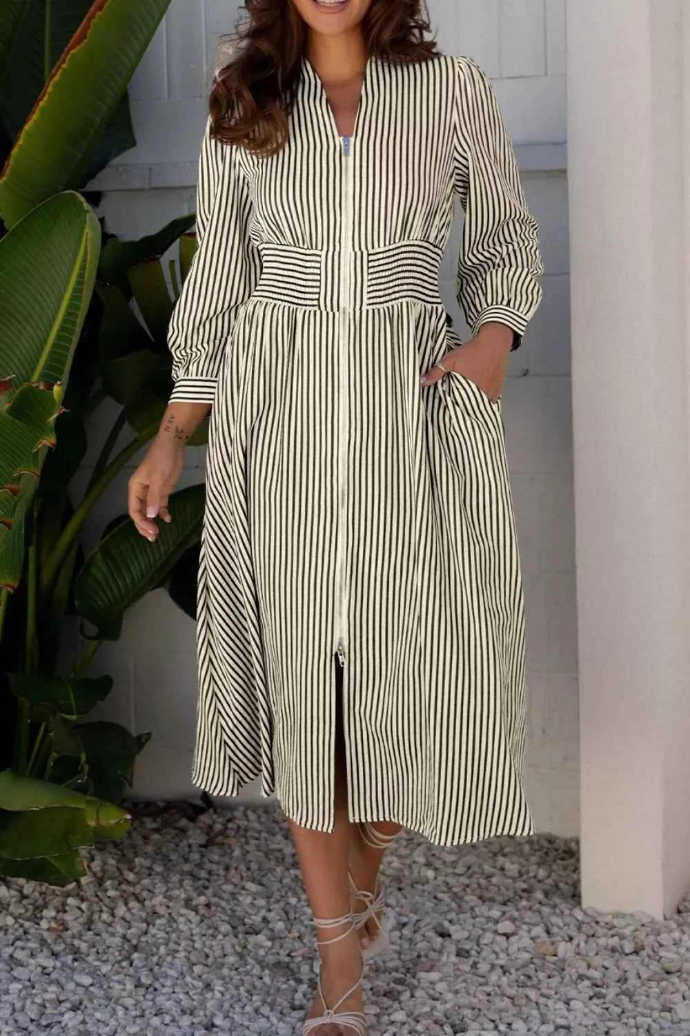 Stripe V Neck Zip Front Cinched High Waist Midi Dress