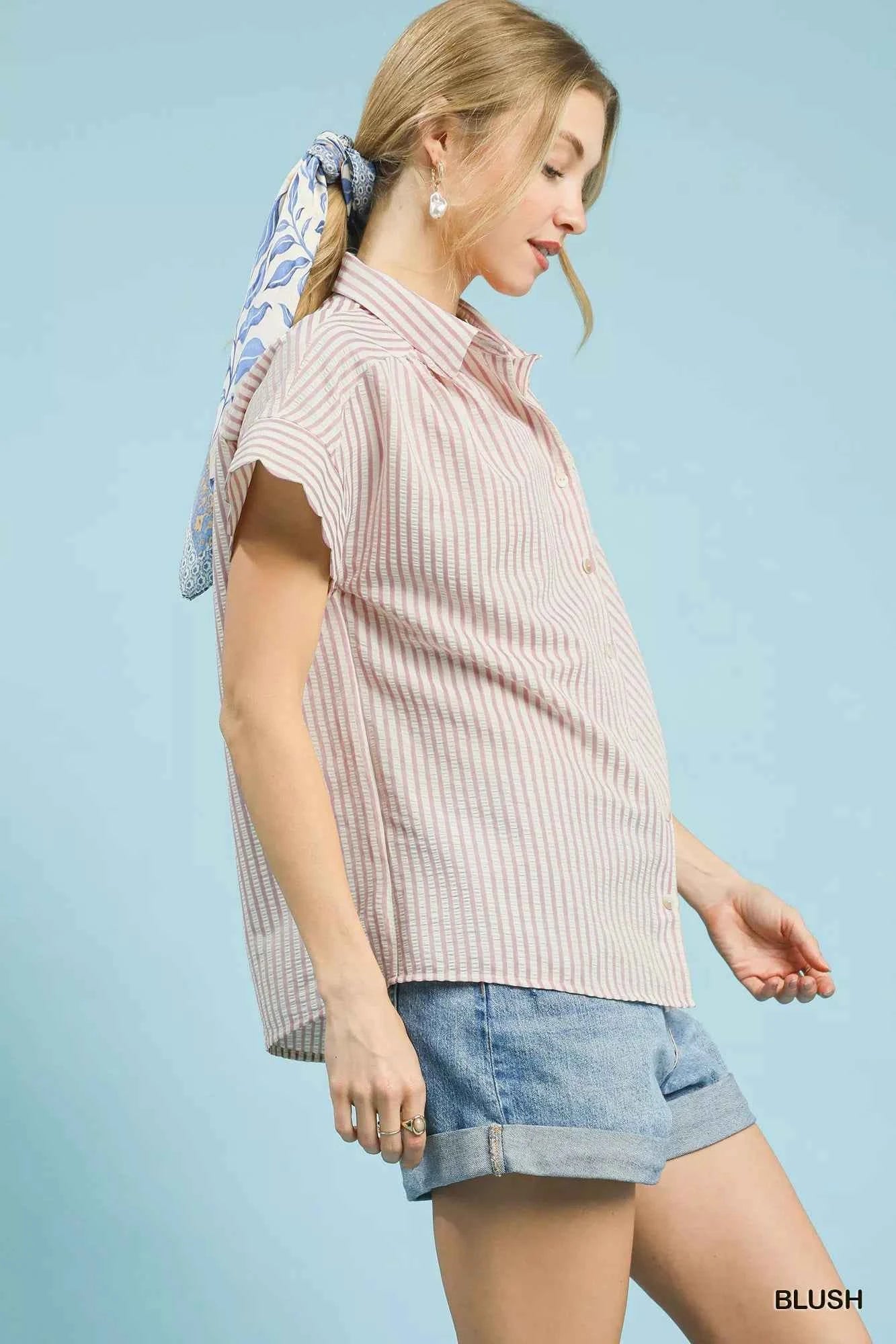 Umgee Striped Button-Down Top with Scallop Sleeves 4897911f-f157-4966-a891-f7ec5a9205b0-Max-Origin