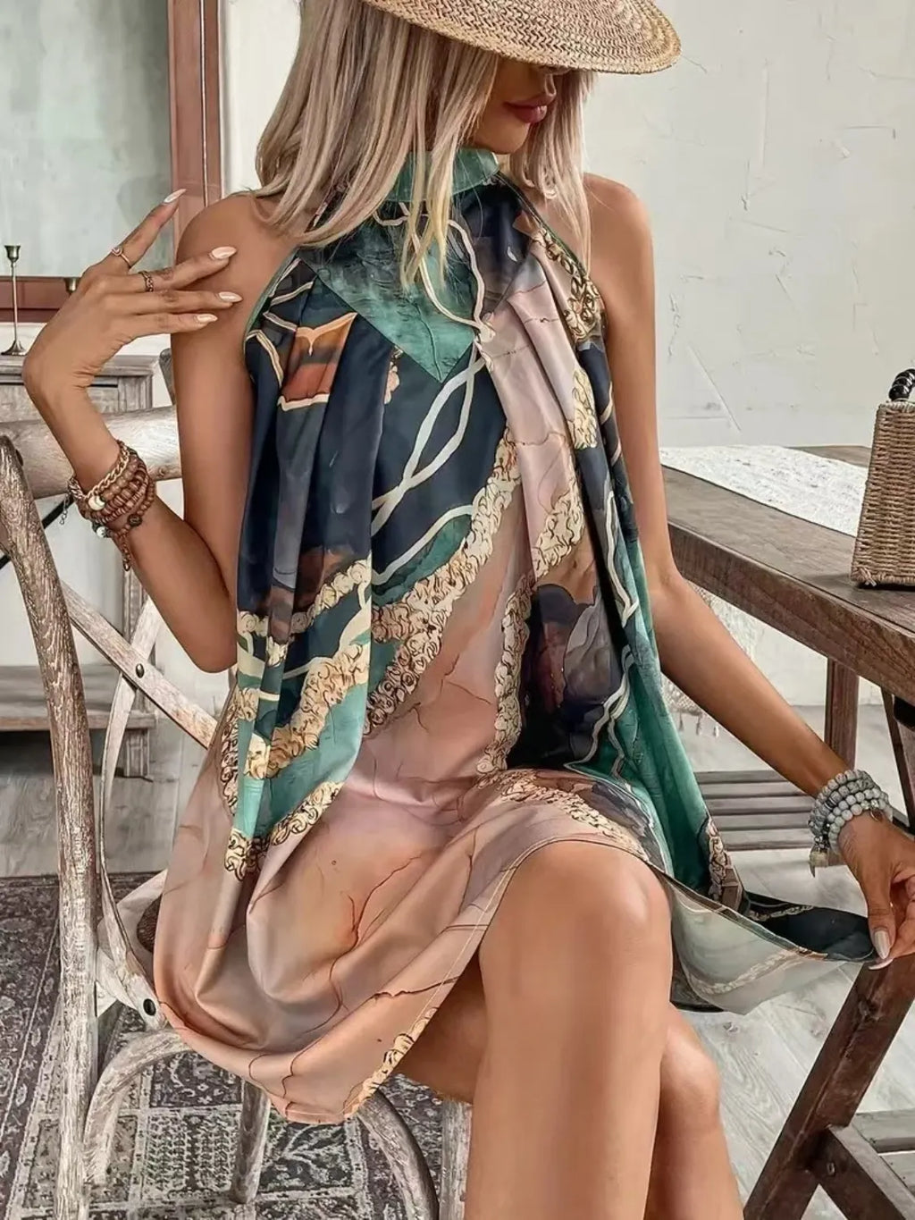 Tied Back Printed Sleeveless Dress Dark Green 489c7db7-43ca-4434-88a3-61bef832eae1-Max-Origin