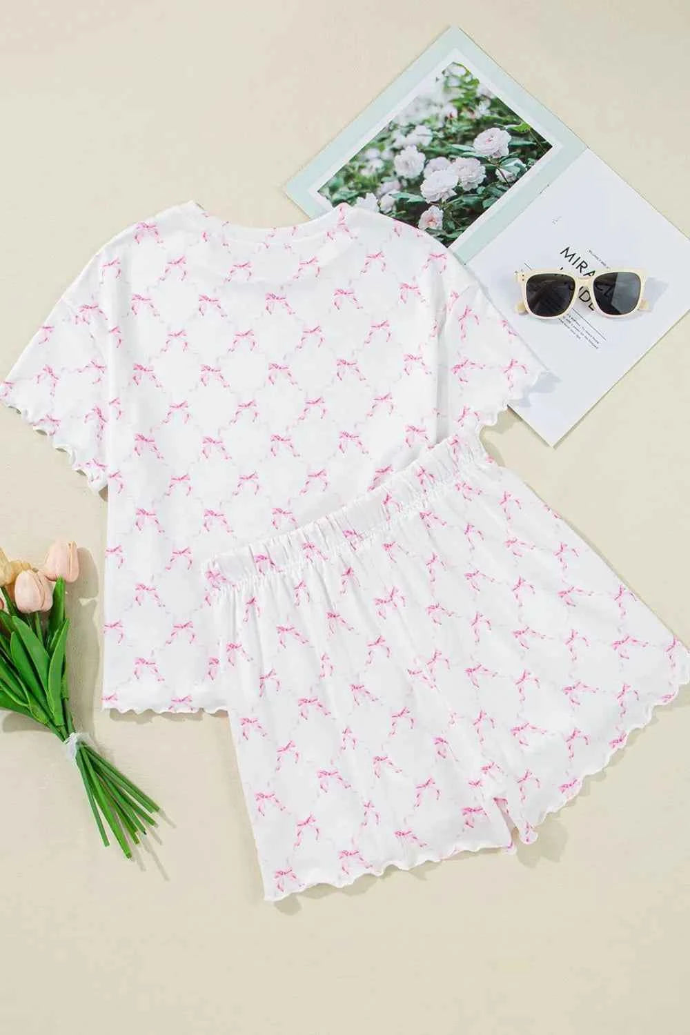 Bow Print Lettuce Trim Round Neck Top and Shorts Lounge Set 489c7e98-d64b-4f72-a053-9651cbc7f002-Max