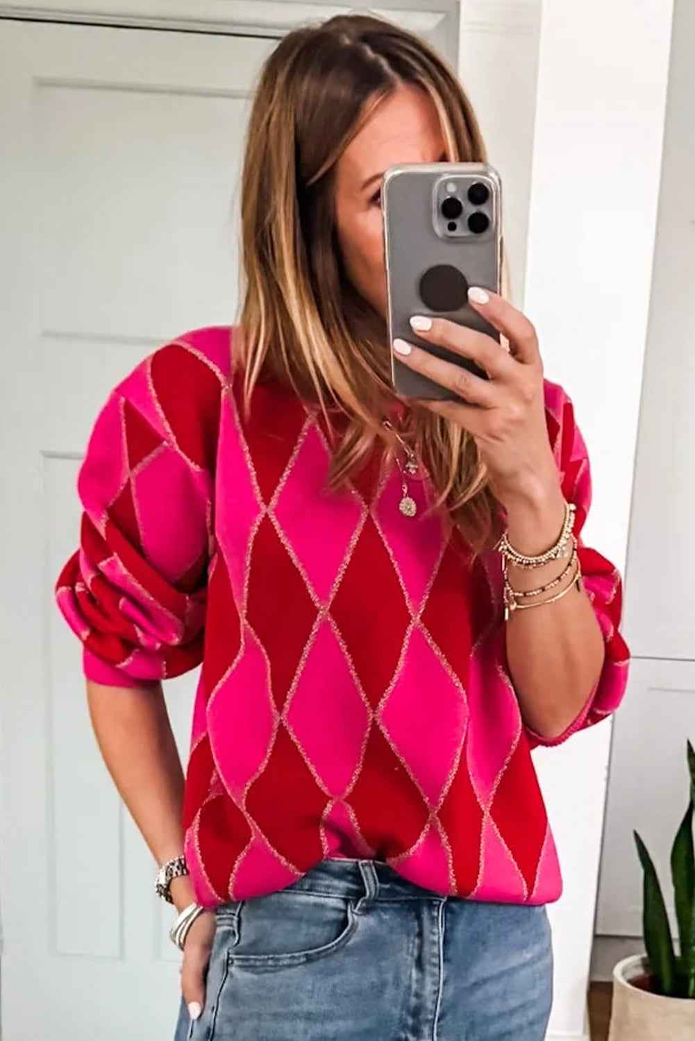 Rose Red Glitter Rhombus Pattern Knit Womens Casual Sweater 489d6376d166919a