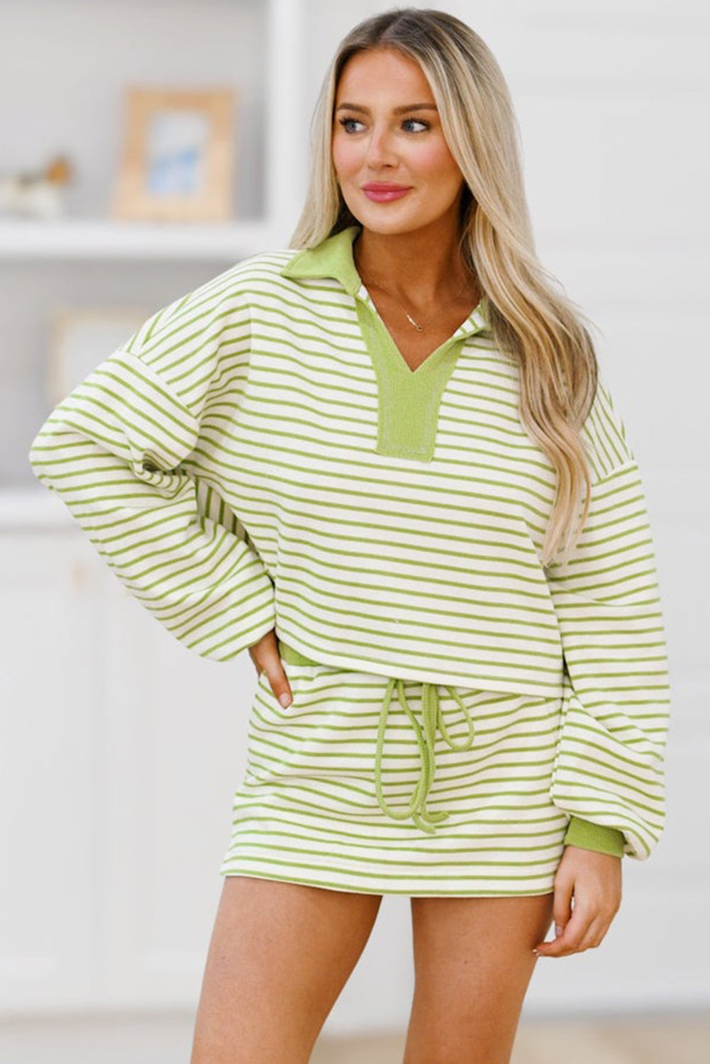 Green Striped Collared V Neck Drop Shoulder Pullover and Skirt Set 48a001318f5923e7