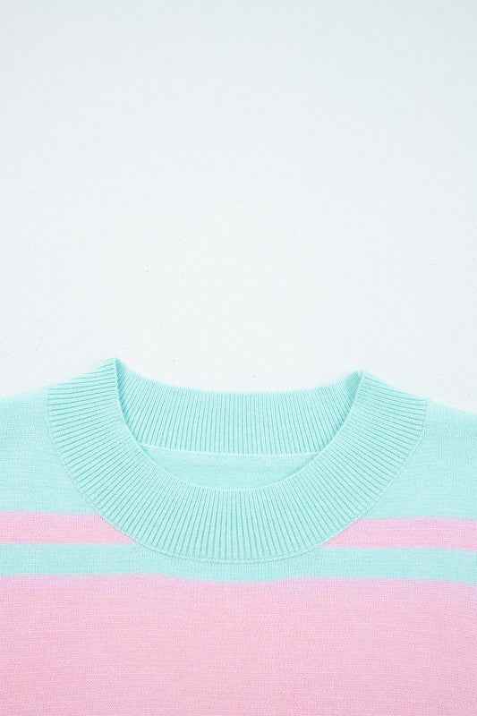 Stripe Ribbed Trim Crewneck Cropped Sweater 48a18a8e-c68f-49b8-a613-6c67b5d74c54