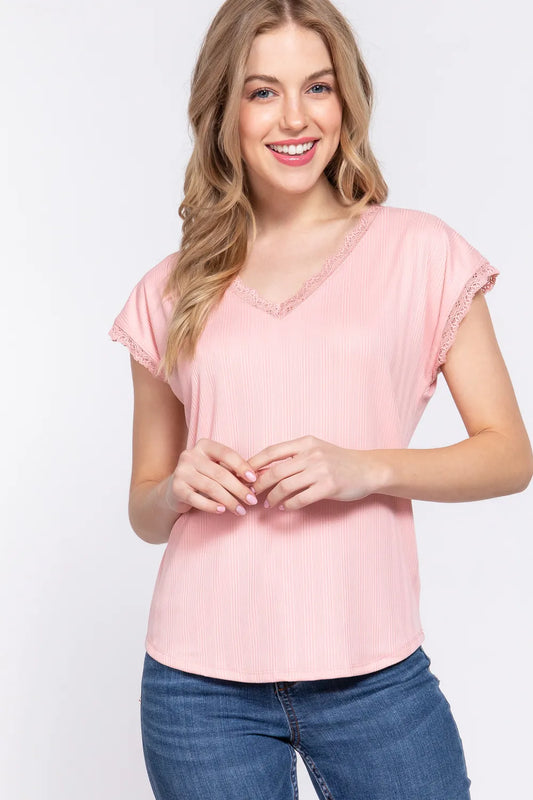 ACTIVE BASIC Lace Trim V-Neck Short Sleeve Ribbed Top PINK 48a6c675-6d93-4821-8ffb-cdad45f91d86-Max