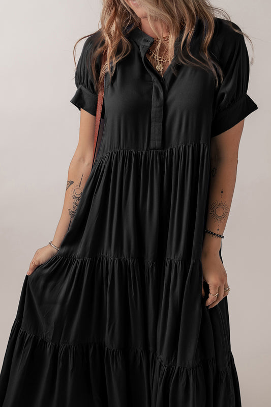 Black Hidden Buttons Short Sleeve Ruffle Tiered Long Flared Dress 48a7f3ff4e360ec9