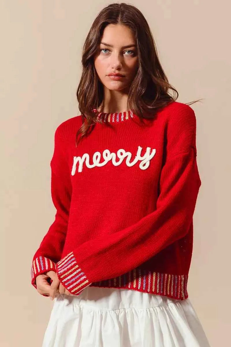 SO ME Merry Lettering Embroidered Christmas Sweater 48aba6e467ef4367a66a3ba861036e40-Max-Origin