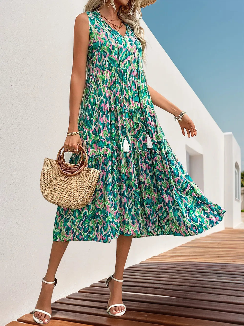 Perfee Tassel Printed Tie Neck Sleeveless Dress 48ae4539-1045-4394-8e55-b48db56665ee-Max