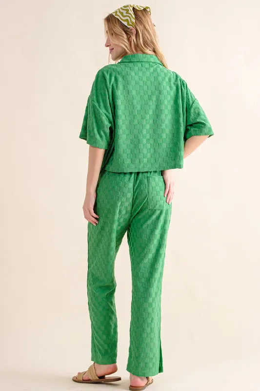 Brushed Texture Checkerboard Casual Pants with Slit 48b26230092043eaba432b61e455f230-Max-Origin