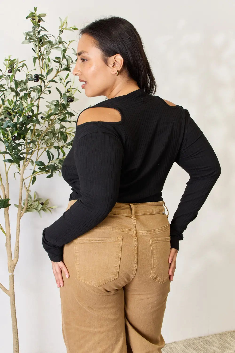 Culture Code Full Size Ribbed Surplice Cold Shoulder Top 48b292e4362c45d9a17d4a834f40fc7e-Max