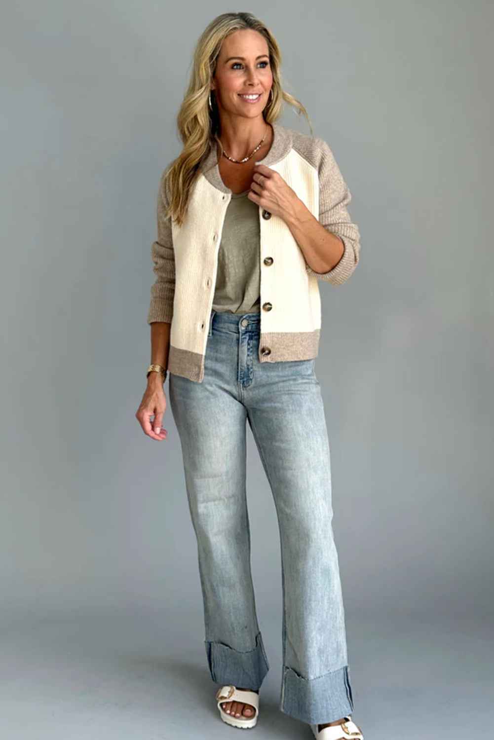White Colorblock Button Front Casual Cardigan 48b6080f031b948c