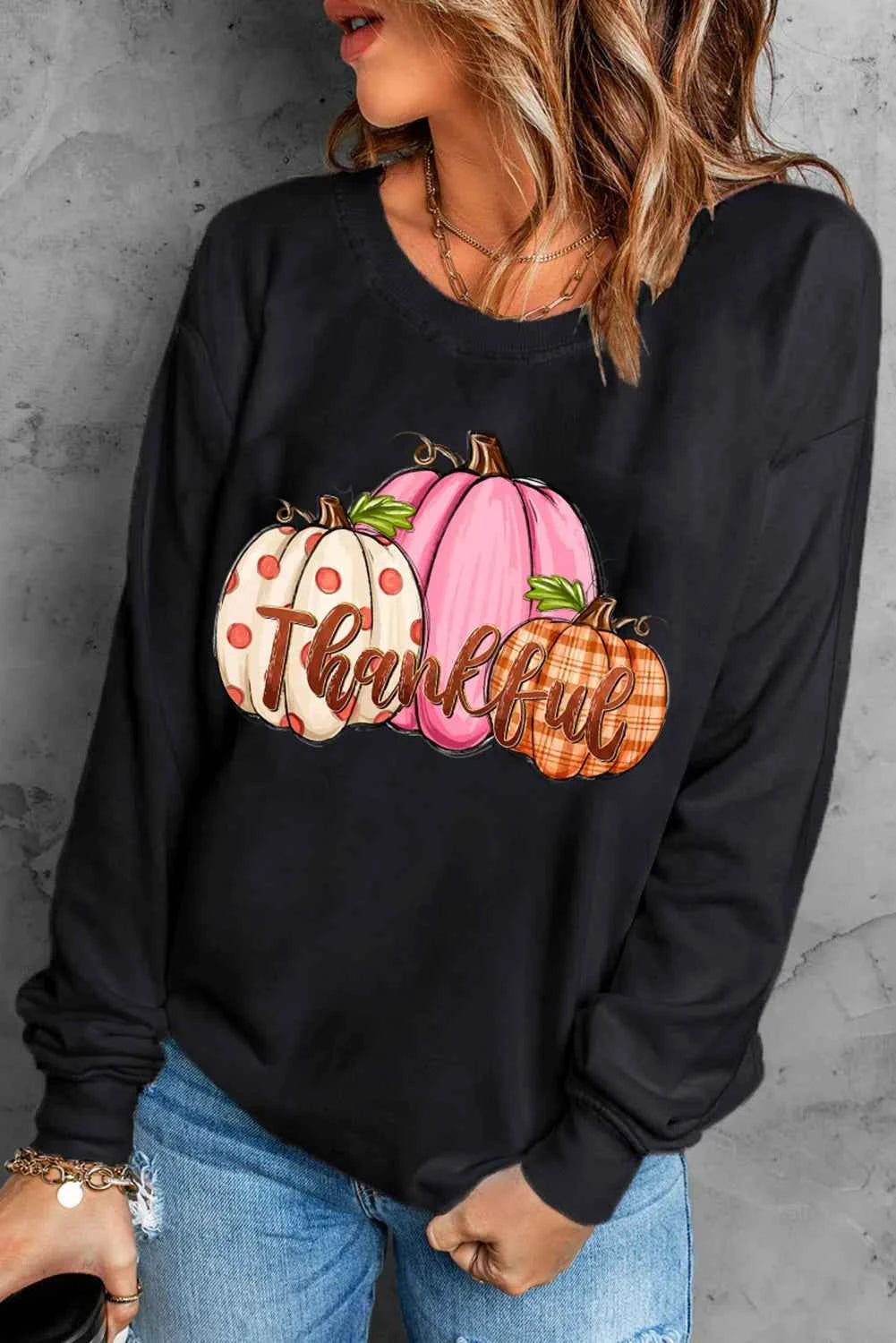 Pumpkin Graphic Round Neck Dropped Shoulder Sweatshirt Black 48b7c752-aca7-4f84-bfe8-9fd2fc3db1ad-Max