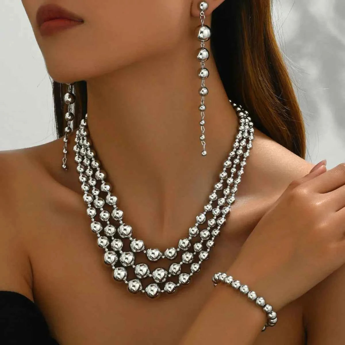 18K Stainless Steel Beaded Multi-Layered Necklace Bracelet Earrings Jewelry Set Silver One Size 48be4b2c-1108-4cd9-a13e-9ca9a0e6098b-Max-Origin