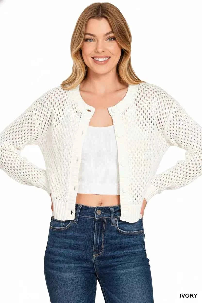 Zenana Button Down Lightweight Crochet Cardigan Sweater 48bfe3a0-3988-4d89-b5de-1441050c51bc-Max-Origin