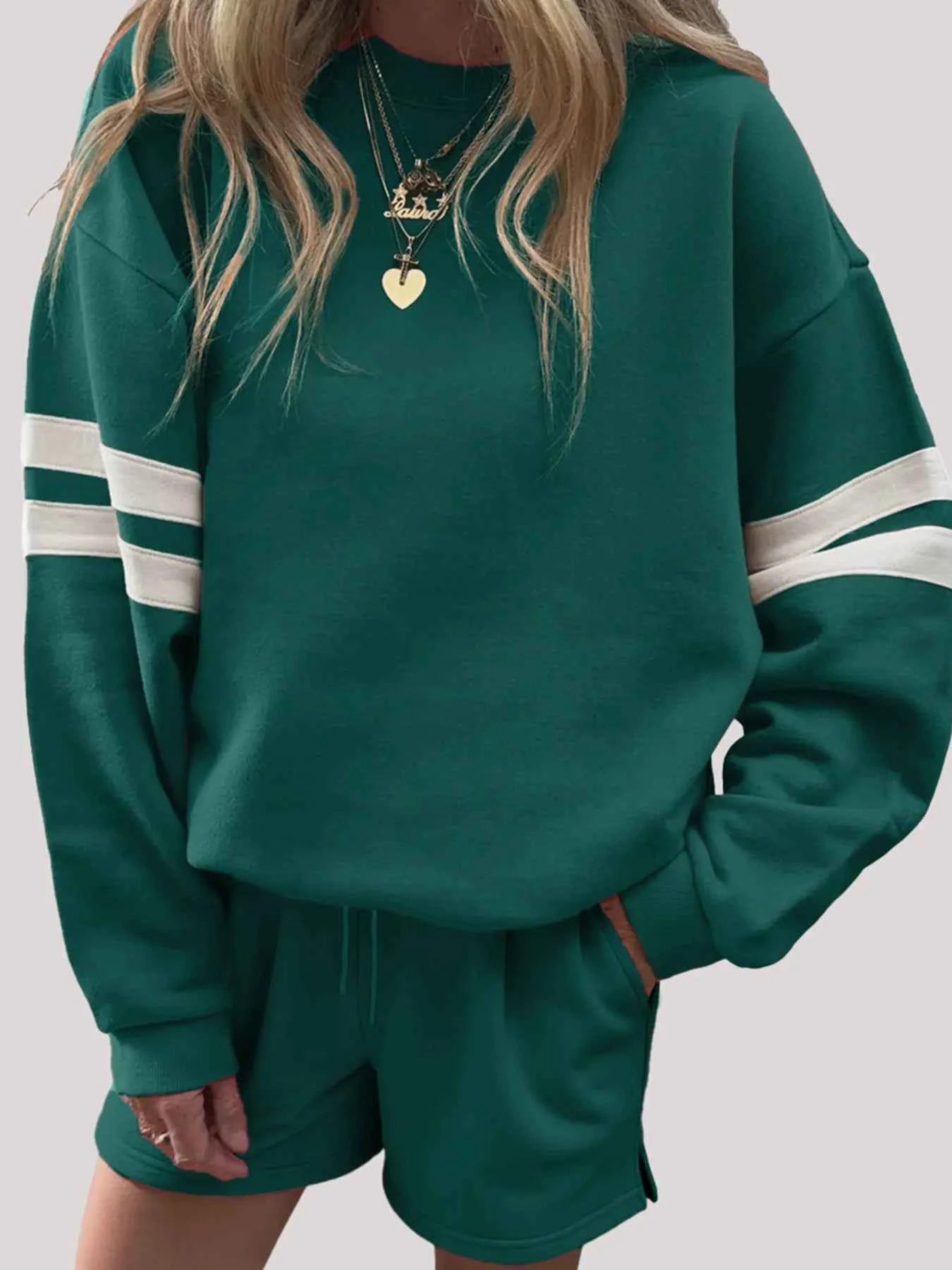 Stripe Round Neck Sweatshirt and Shorts Set 48c5f2989fa94410b83bb555bccad9c8-Max-Origin