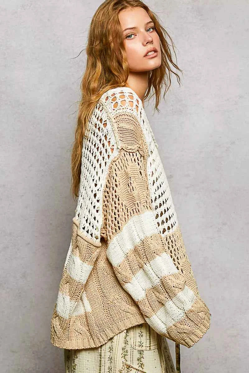 POL Color-Blocked Stripe Pattern Knit Top with Twisted Weave 48ca9f1c-e30a-4211-b80a-ba01064049bb-Max-Origin