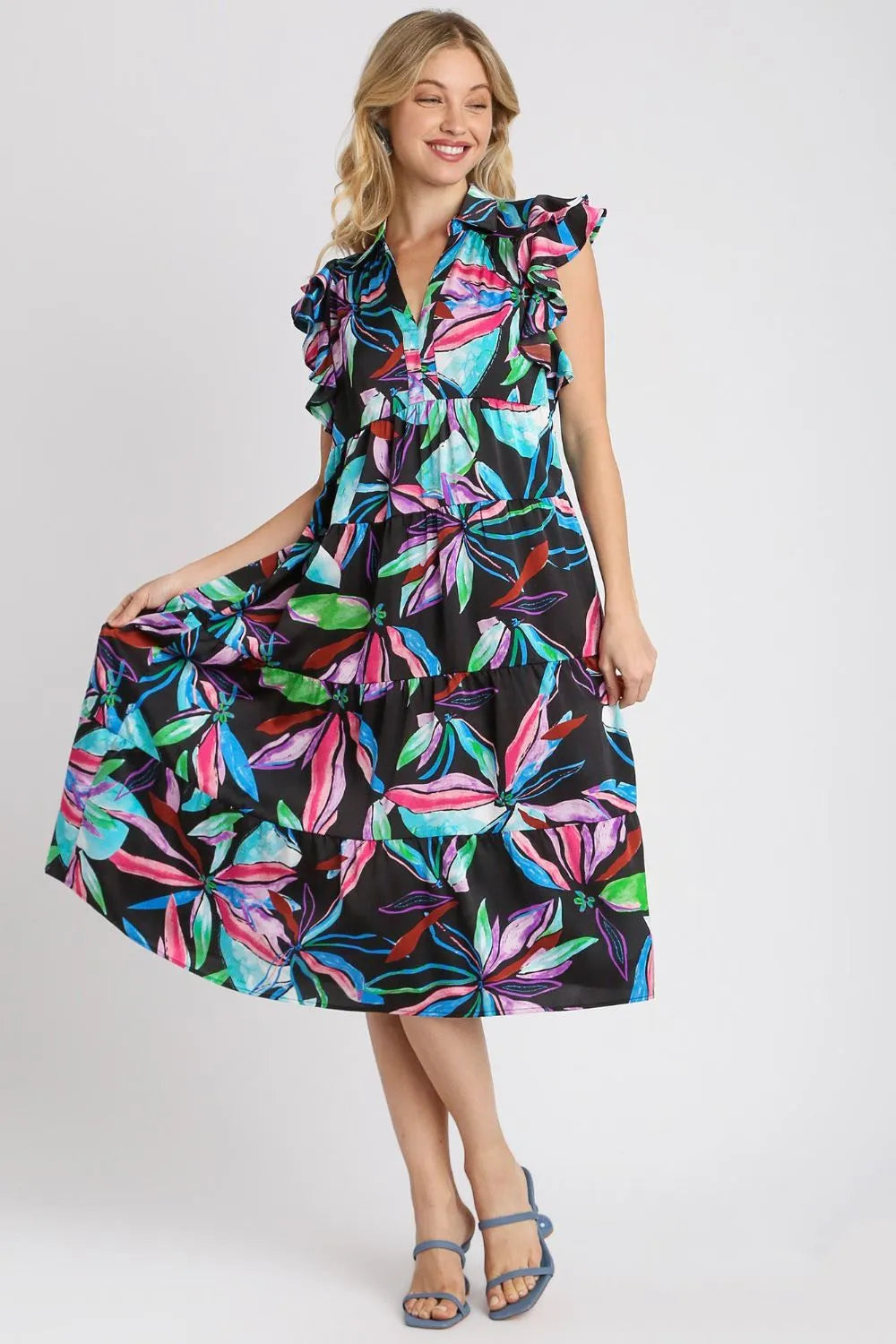 Umgee Full Size Leaf Print Double Layered Ruffle Sleeve Tiered Midi Dress Plus Size BLACKMIX 48cacc9f-5a0f-46e2-a84e-5cf4aba7a9fc-Max