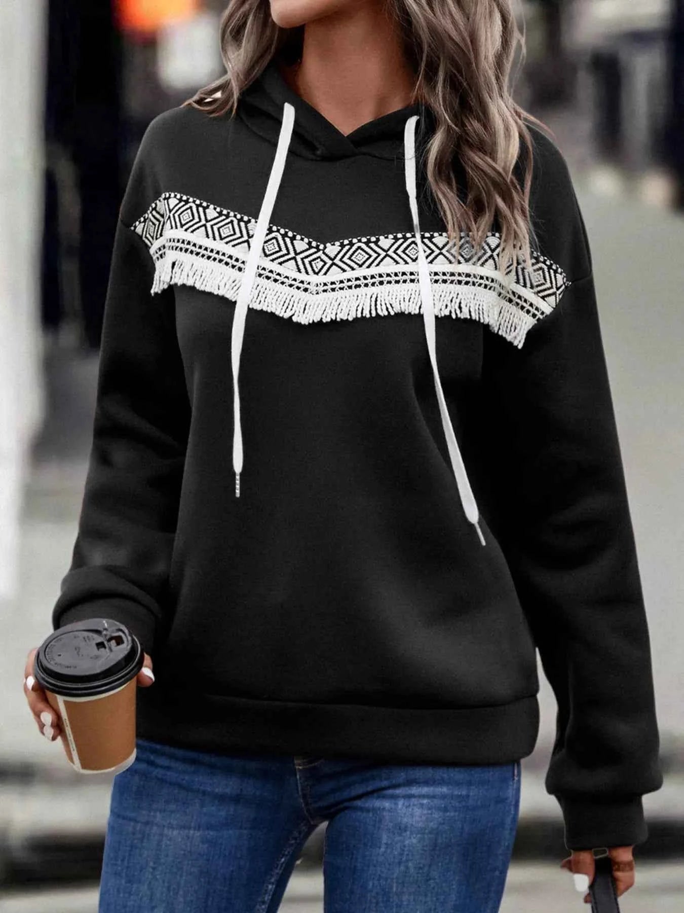 Fringe Detail Long Sleeve Drawstring Hoodie 48ccc315-401b-4a36-b7b1-5e944ef69cf5-Max-Origin