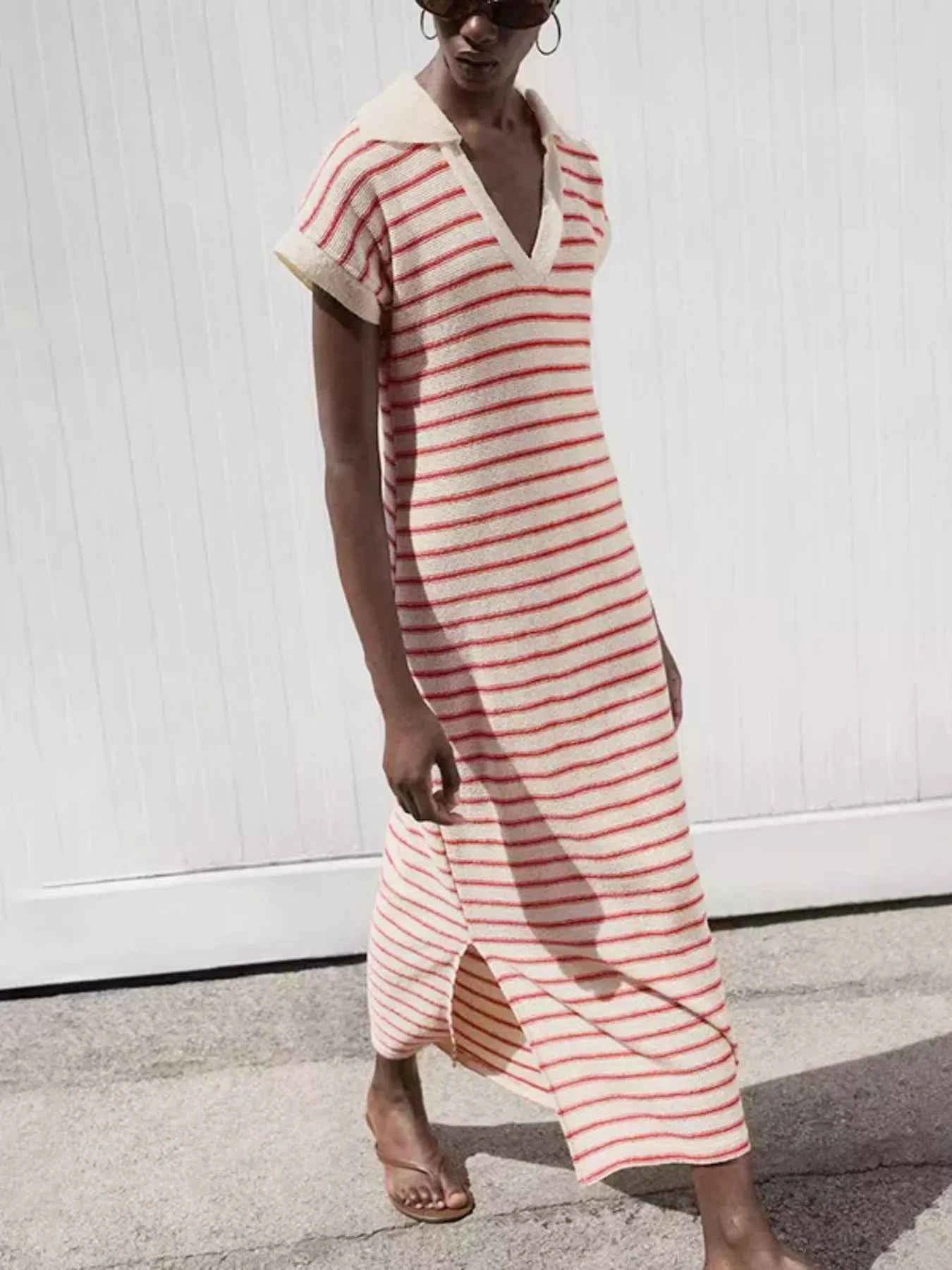 Striped Slit Short Sleeve Maxi Dress 48d5faa8aaef491db84f4375f46cefa7-Max-Origin