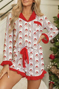White Christmas Santa Claus Contrast Ruffle Trim Pajama Set White 95%Polyester+5%Elastane 48da4c238407d5cd
