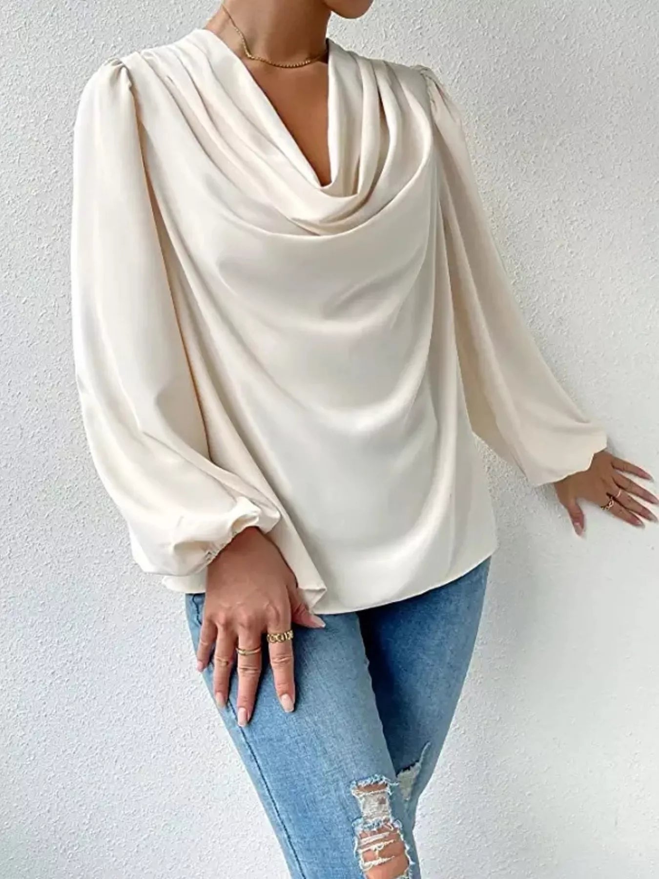 Full Size Cowl Neck Balloon Sleeve Blouse Plus Size 48de0de950e7433b9f6152d846021eef-Max-Origin