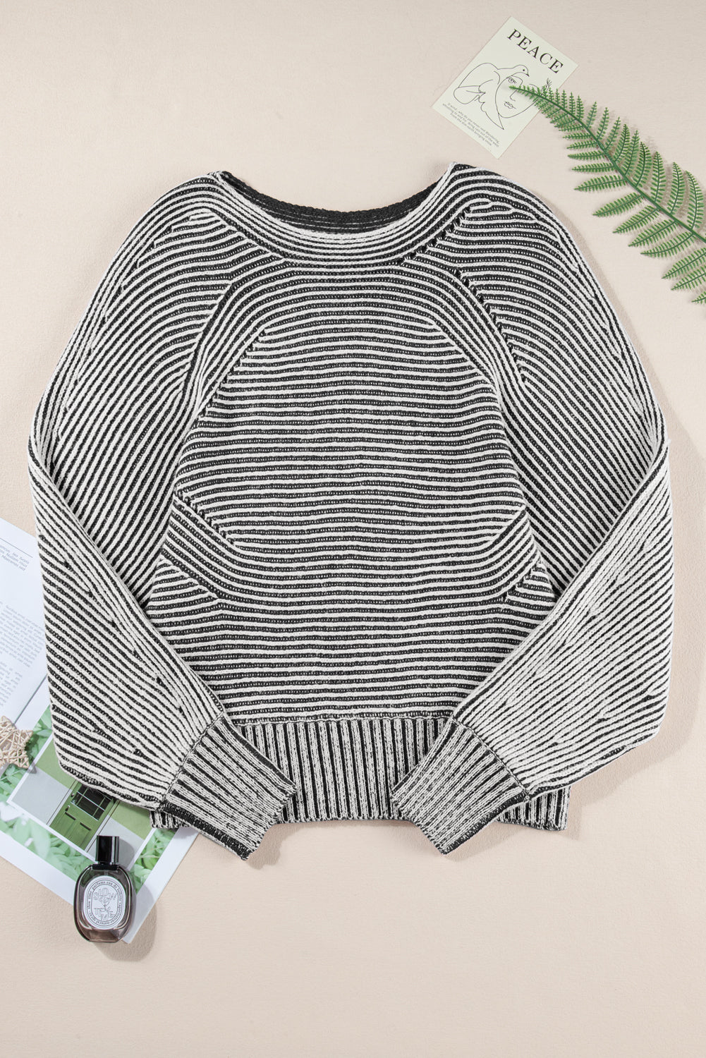 Black Striped Print Ribbed Knit Raglan Sleeve Baggy Sweater 48dea63ed5bafef4