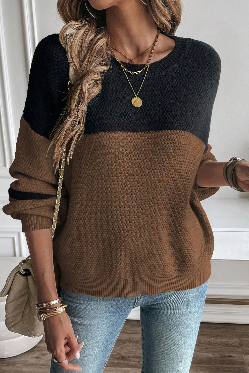 Dark Brown Colorblock Striped Sleeve Detail Knit Sweater 48e04141eedf4673