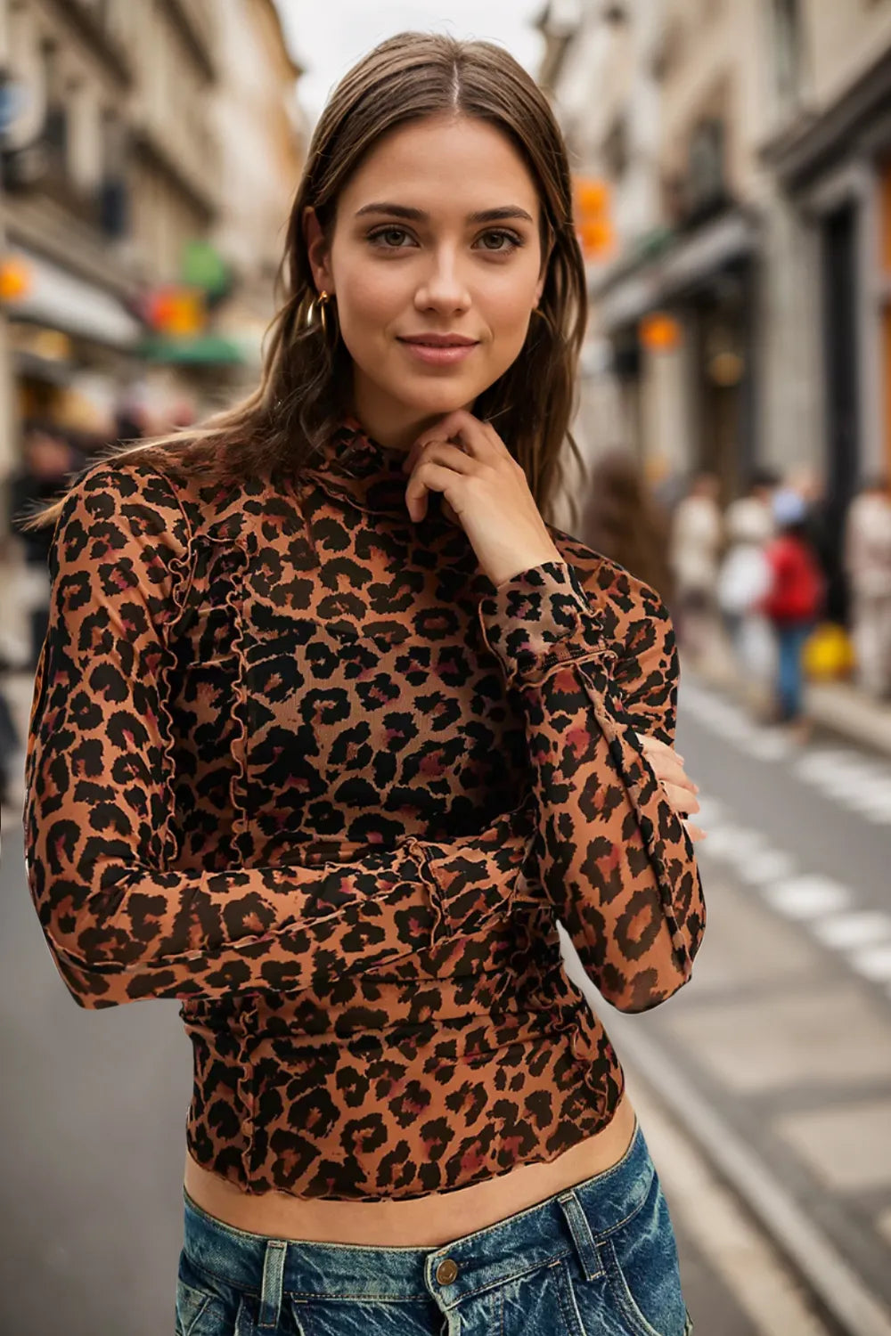 Oh Full Size Frill Printed Mock Neck Long Sleeve Top Leopard 48e198e4-c105-4128-b44a-b88292c8c662-Max
