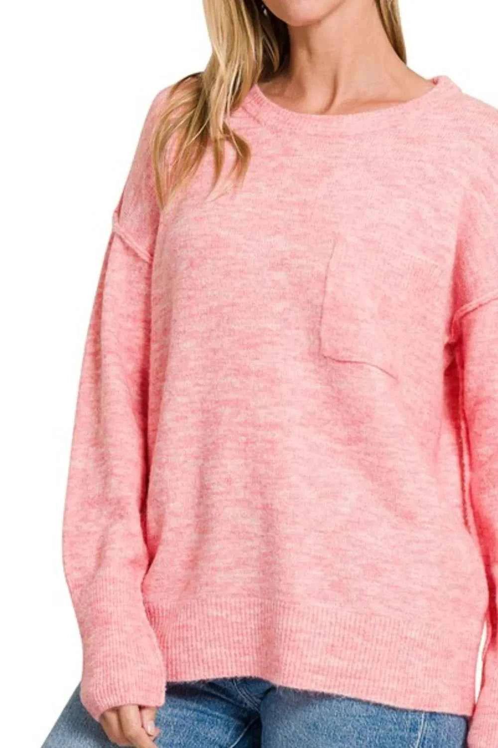 Zenana Melange Hi-low Hem Round Neck Sweater 48f18e67-31ab-4a9b-9e19-dcc8a5d6e50f-Max-Origin
