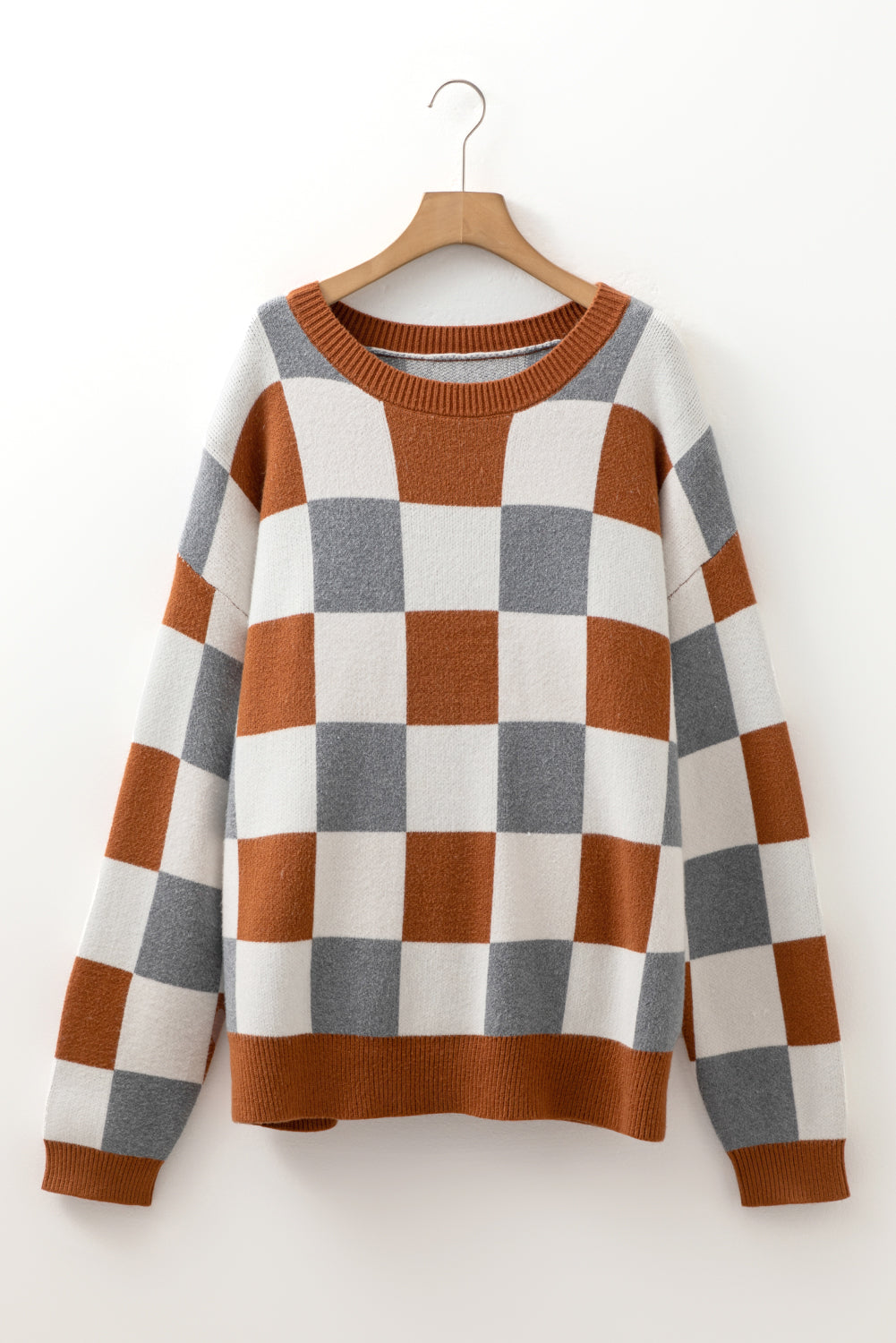 Brown Colorblock Checkered Drop Sleeve Plus Size Sweater 48f3aef52dd040dd