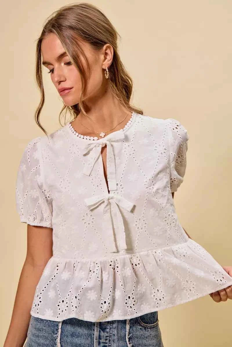SO ME Cotton Eyelet Front Tie Short Sleeves Blouse 48f5180762c94512b18aa2c2d6392f23-Max-Origin