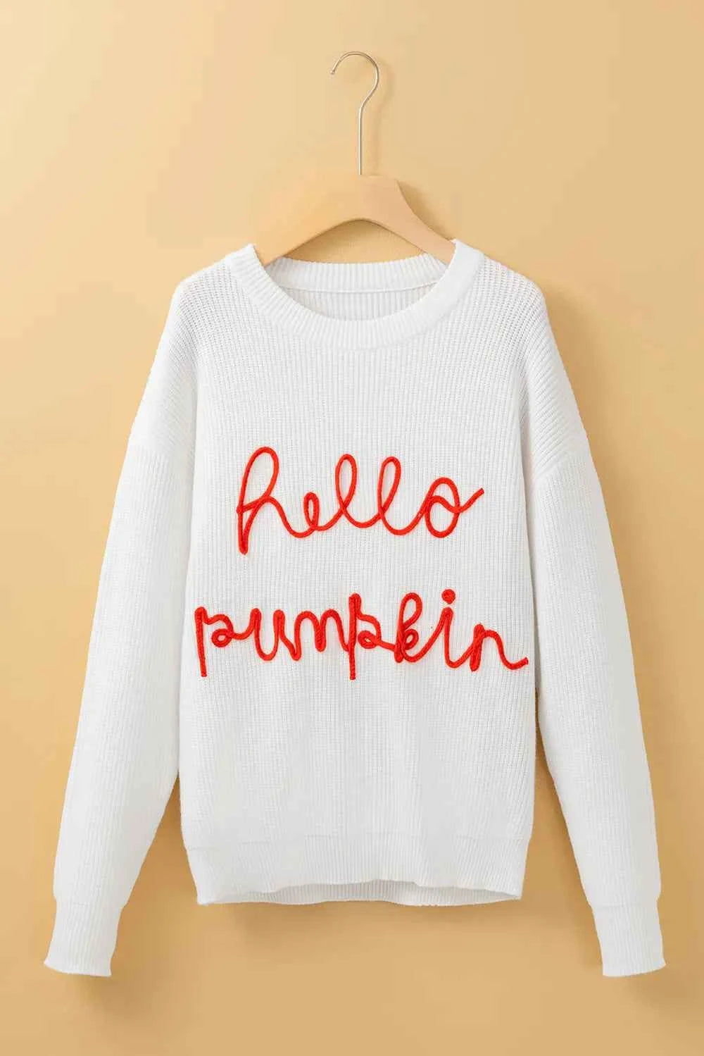 HELLO PUMPKIN Round Neck Long Sleeve Sweater 48ff21b7-bbd4-4737-8b80-3b3eed8ce45f-Max