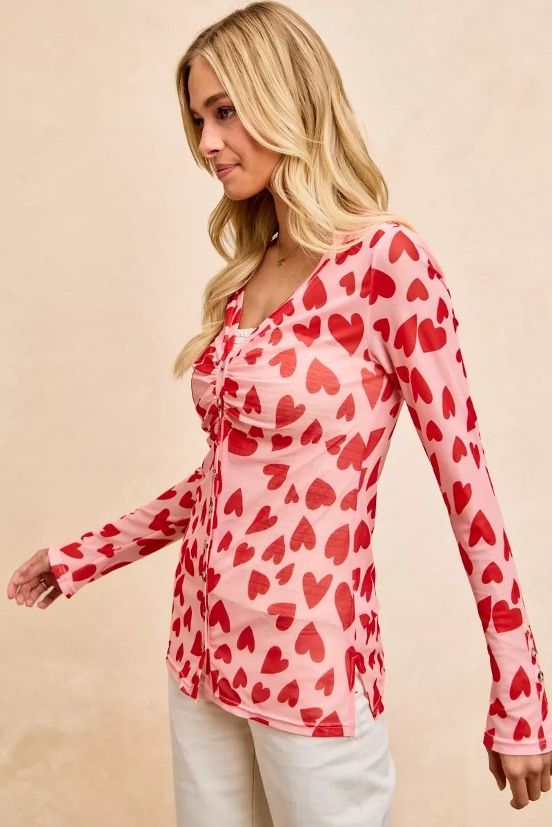 BiBi Button Down Heart Printed Mesh Shirt with Ruched Front 4900e509e4ac4a5f8948f50663458959-Max-Origin