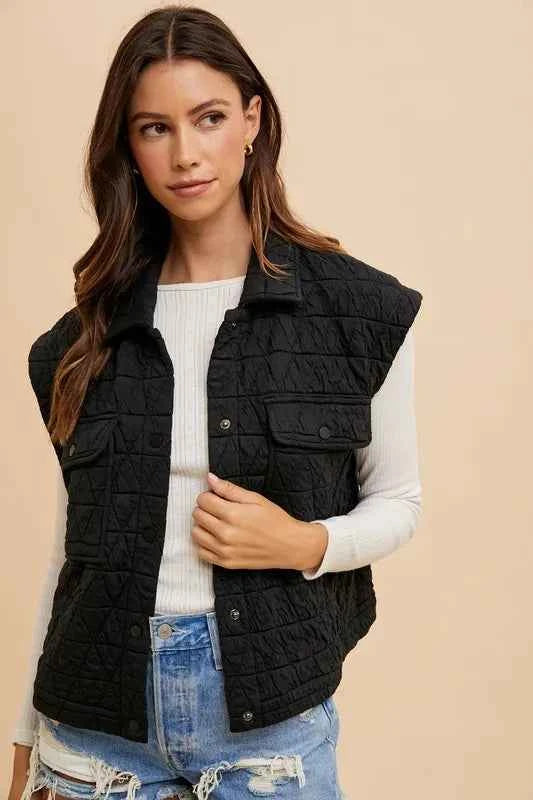 Texture Quilted Snap Down Vest Coat 4901cf76-e3a0-433c-a090-8565997b7e38-Max
