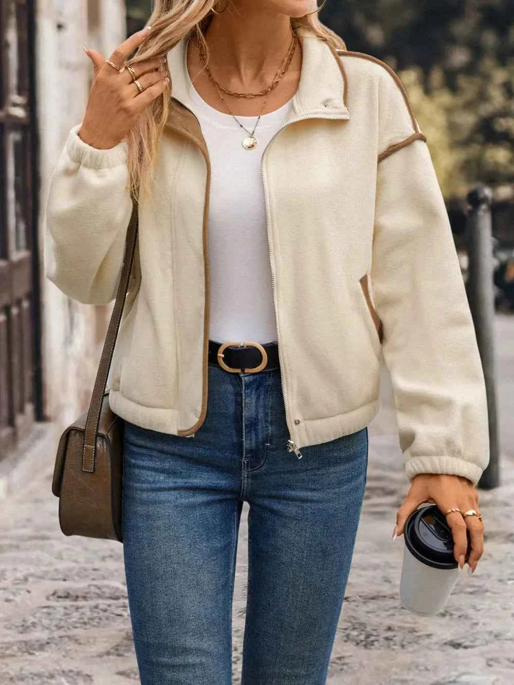 Perfee Zip Up Dropped Shoulder Polar Fleece Jacket Cream 49025378-d6e5-43ab-9f79-ac2a9d3ee3fd-Max