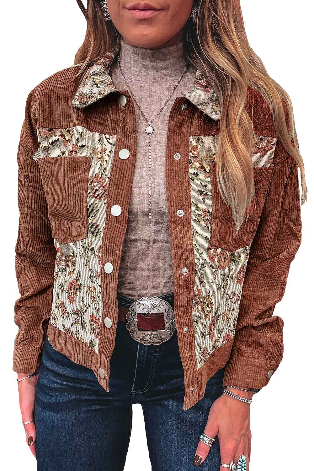 Medium Grey Ribbed Retro Floral Patchwork Jacket 490403cf7cea52fd