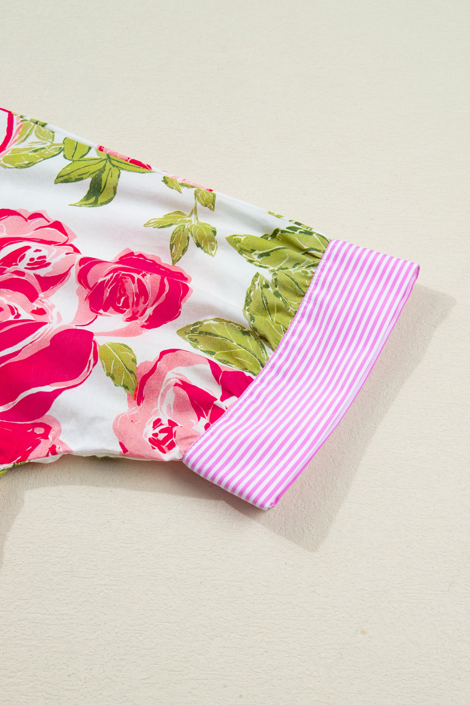 Pink Flower Print Striped Trim Frilled Collar Short Sleeve Shirt 4906c964fd029994