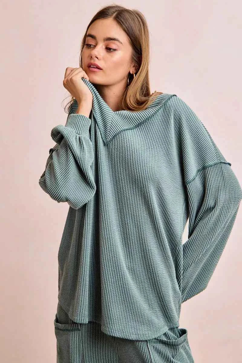 BiBi Two Tone Cord Rib Contrast Stitching V-Neck Top and Pants Set 4907d7445a474e2bb5450919e6063c81-Max-Origin