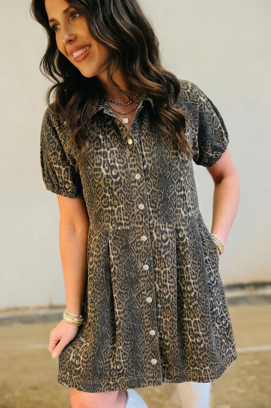Gray Leopard Print Short Sleeve Pleated Denim Mini Dress 490b58adfed91851