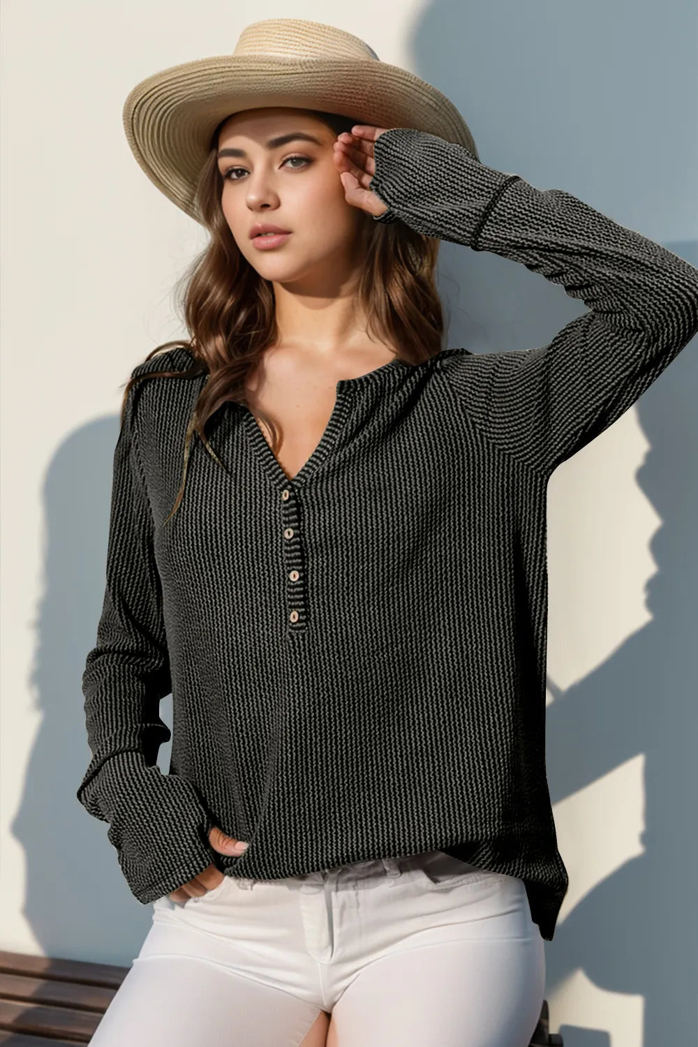 Double Take Full Size Notched Thumbhole Long Sleeve T-Shirt Dark Gray 490bc8f0-c6e6-4e2e-b26b-ed650f4170ab-Max