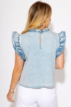 Beau Blue Ruffle Pleated Detail Vintage Washed Denim Top 491131fb4e66b217