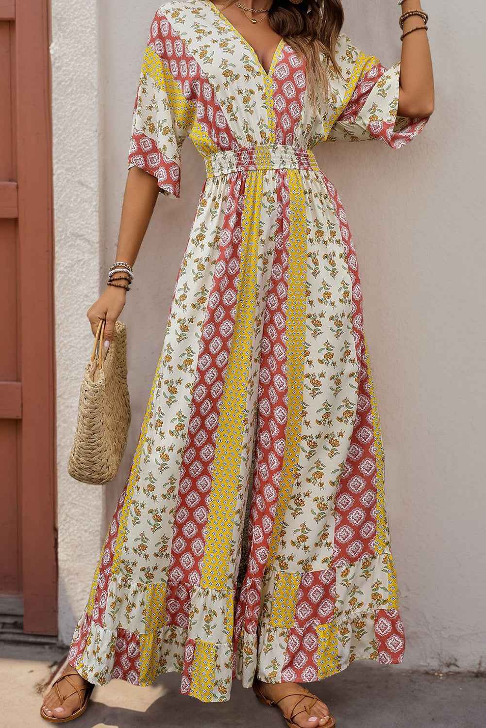 Yellow Boho V Neck Half Sleeve Patchwork Maxi Dress Yellow 49163845930e6360