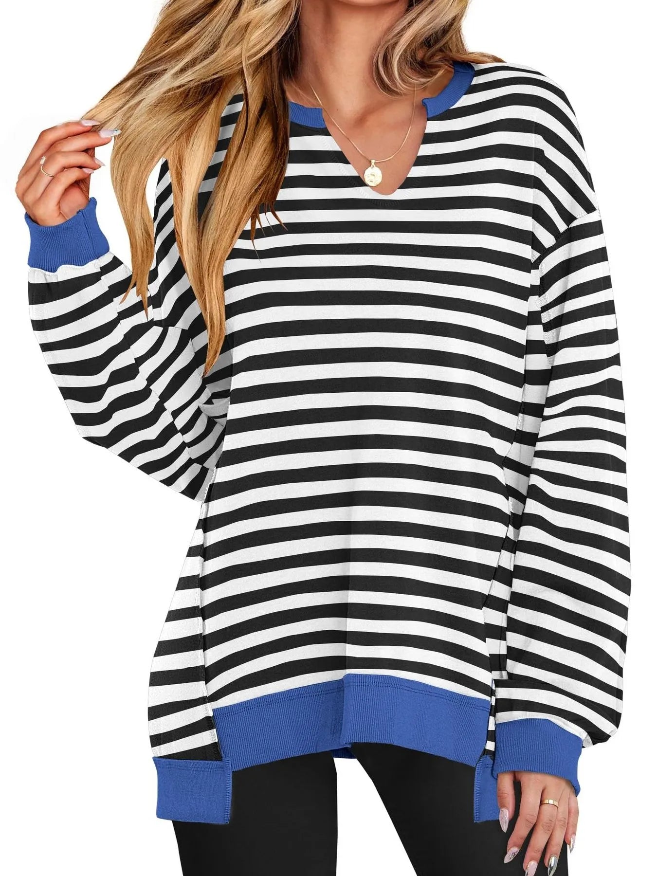 Notched Long Sleeve Oversized Sweatshirt Black And White Stripes 491eb76f-ed04-450f-904c-559bf33edbfd-Max-Origin