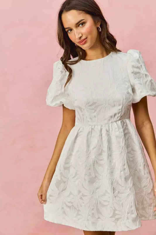 Floral Jacquard Bubble Shorts Sleeves Mini Dress 49211baf36994f2a9f8f9b58068baf4c-Max-Origin