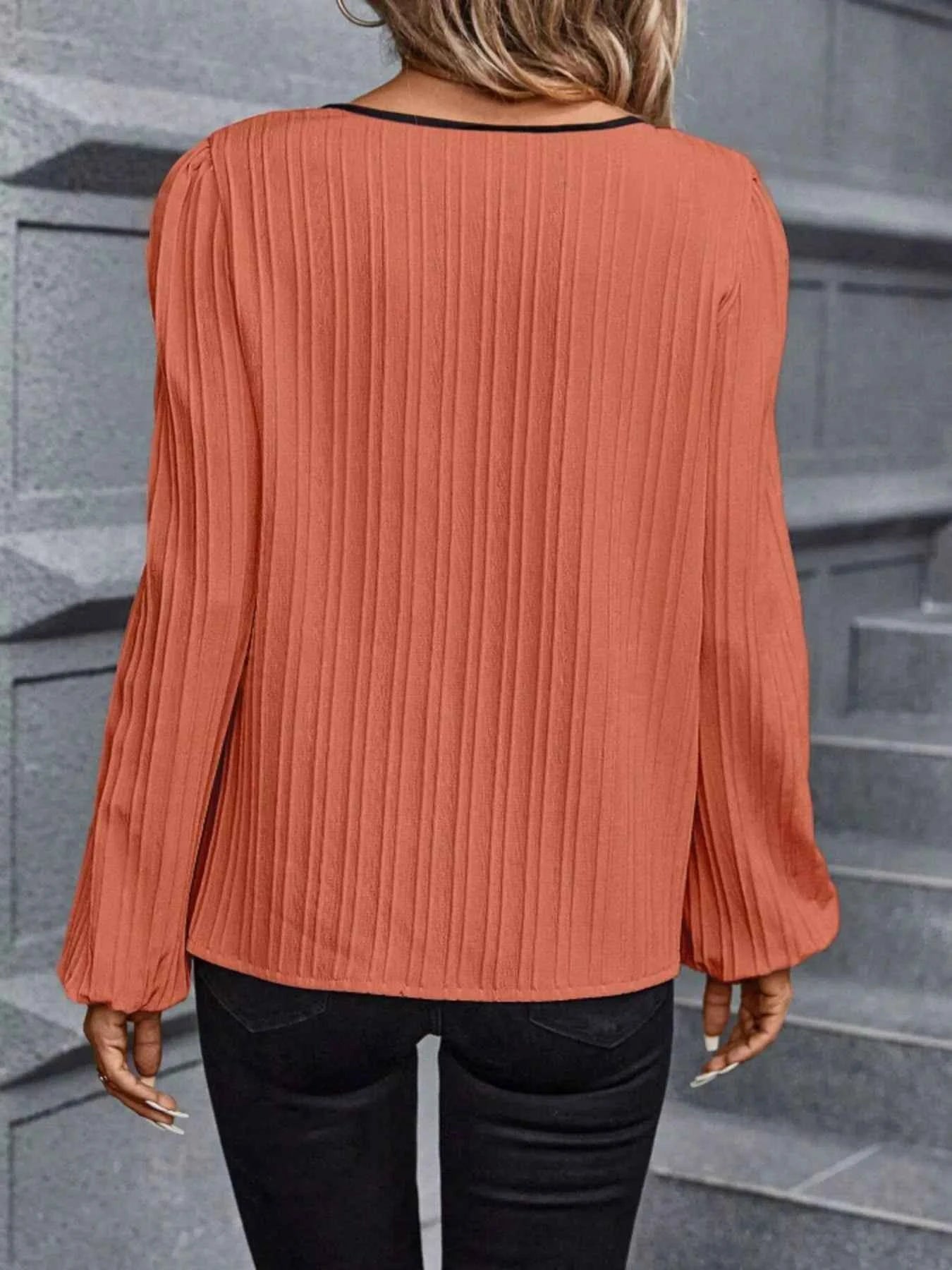 Textured Notched Long Sleeve Blouse 49219472c7ec4502923dd43e8c2efba5-Max-Origin
