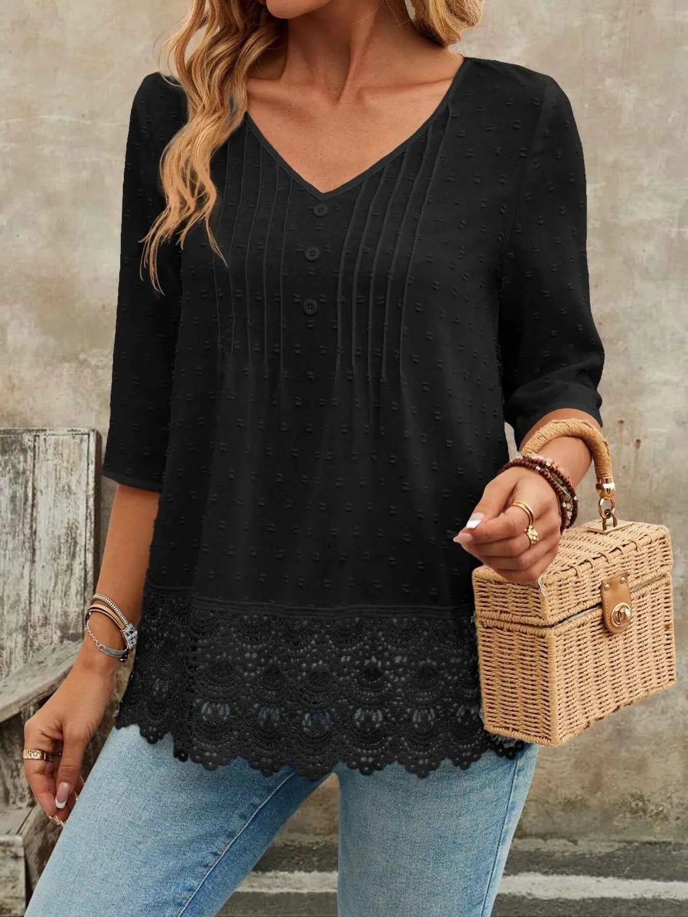 Lace Hem V-Neck Blouse Black 492461080ed140799e83b0b937062d33-Max-Origin