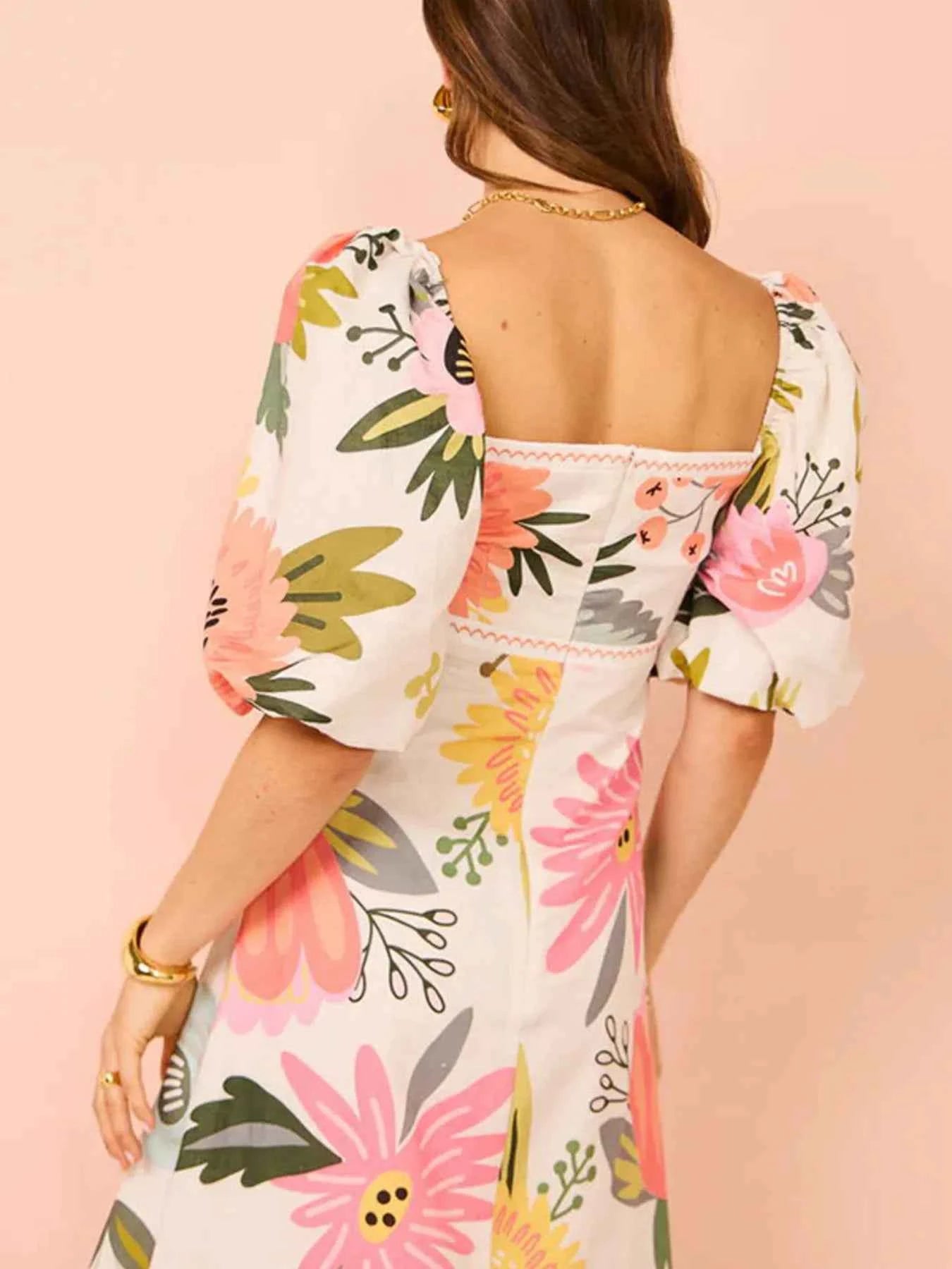 Floral Square Neck Puff Sleeve Maxi Dress with Ruffle Hem 492f2af0b4ba44dd8da771ae29366b00-Max-Origin